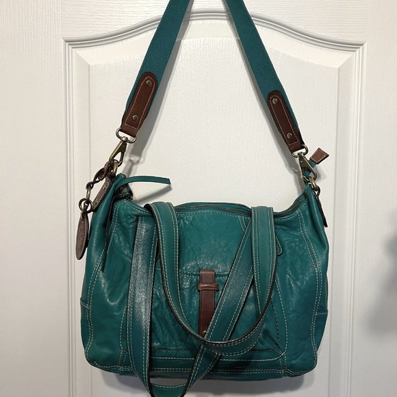 Fossil-Shoulder/Tote Leather Purse-Turquoise/Aqua Greenish Blue-Rare-Large - Picture 2 of 16